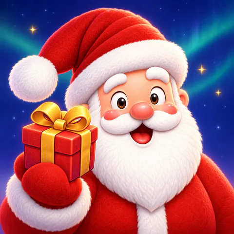 Santa, the brand key art: smiling, holding a red present with a gold ribbon, under the northern lights.
