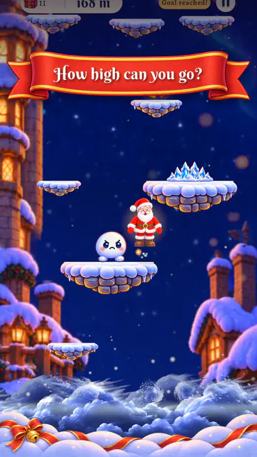 Endless mode: Santa and a snowball critter on icy ledges, under the banner "How high can you go?".