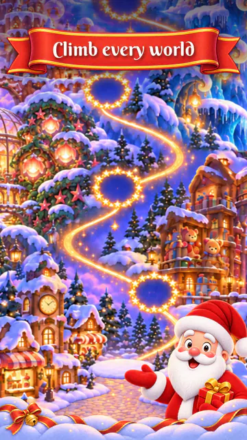 A map of the worlds with a glowing golden path, and a big Santa, under the banner "Climb every world".